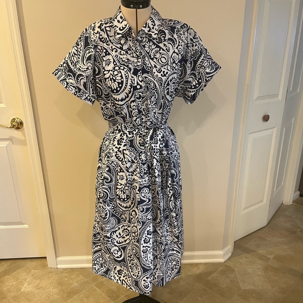 Talbots Navy and White Paisley Midi Dress. Size 16
